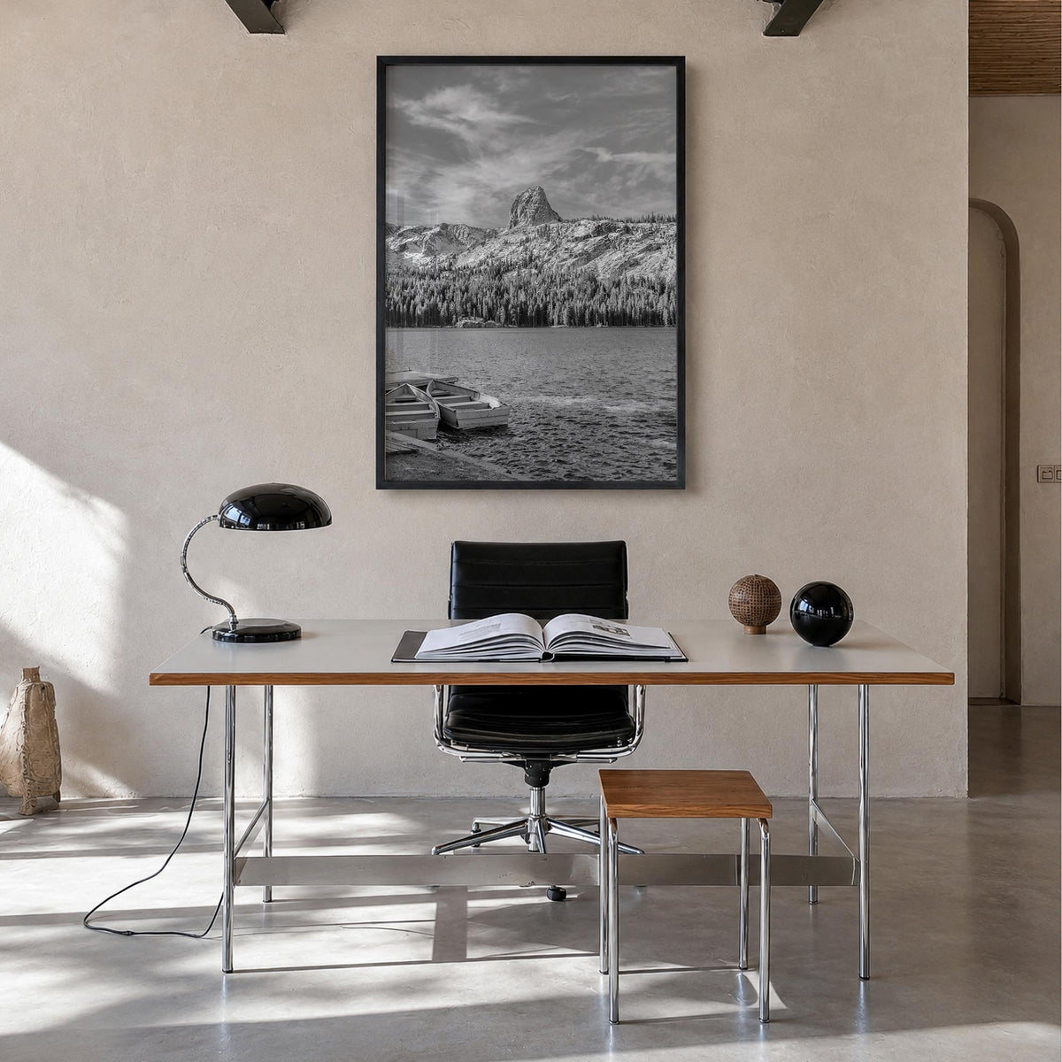 Mammoth Lakes black & white photo poster of California, USA – vertical wall art in black wood frame, hanging on wall
