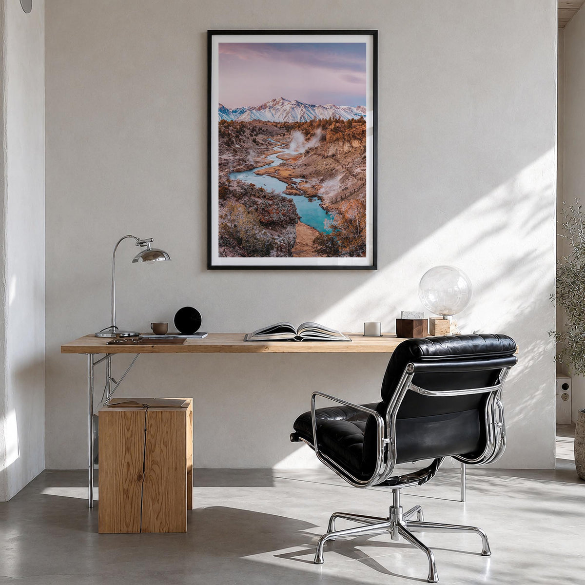 Mammoth Lakes colorful photo poster of California, USA – vertical wall art in black wood frame with white border, hanging on 