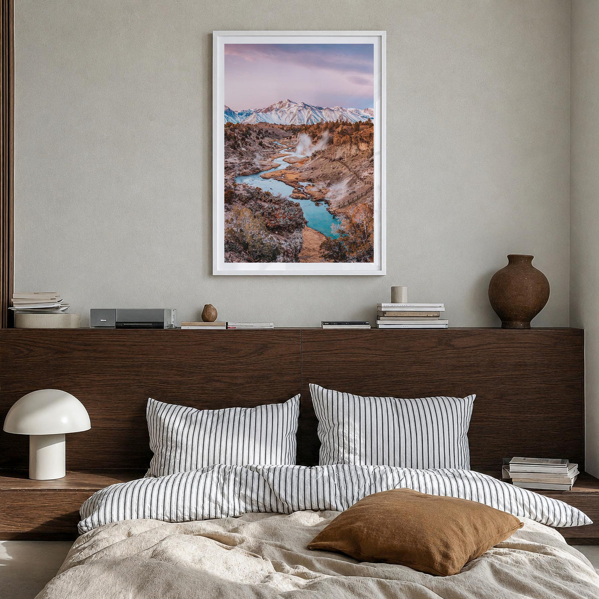 Mammoth Lakes colorful photo poster of California, USA – vertical wall art in white wood frame with white border, hanging on 
