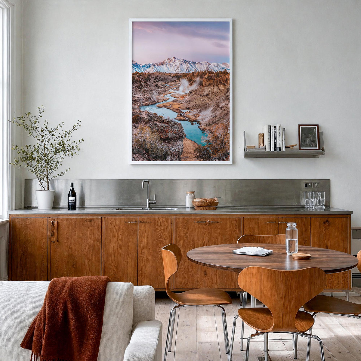 Mammoth Lakes colorful photo poster of California, USA – vertical wall art in white wood frame, hanging on wall