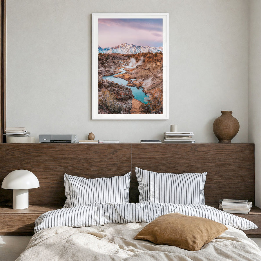 Mammoth Lakes Photo Poster in a white wood frame, hanging in a bedroom, white border