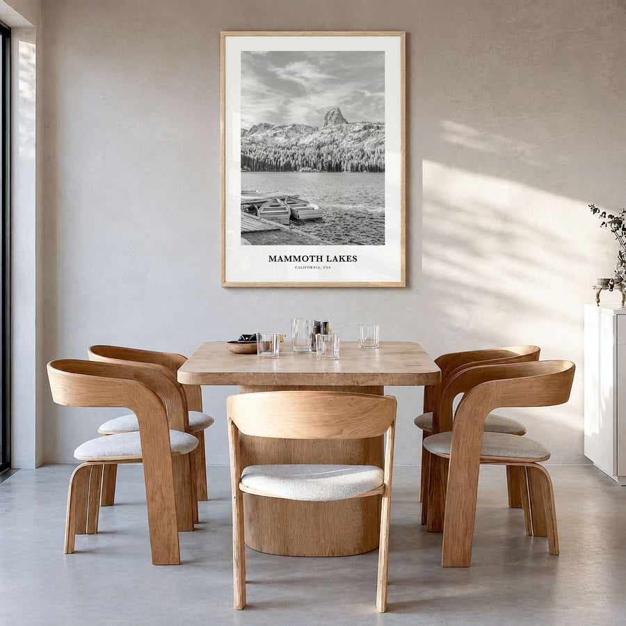 Mammoth Lakes Classic Poster in a natural wood frame, hanging in a dining room