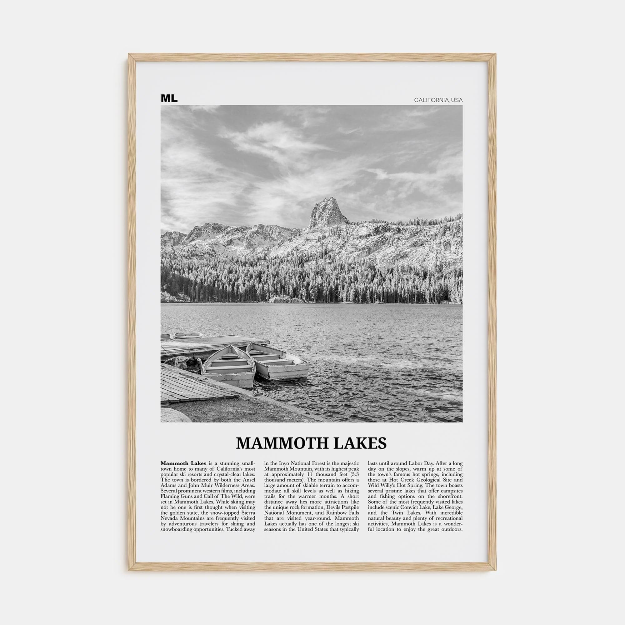 Mammoth Lakes Poster Natural Wood / 8x12 in Nbourhood Travel B&W Poster