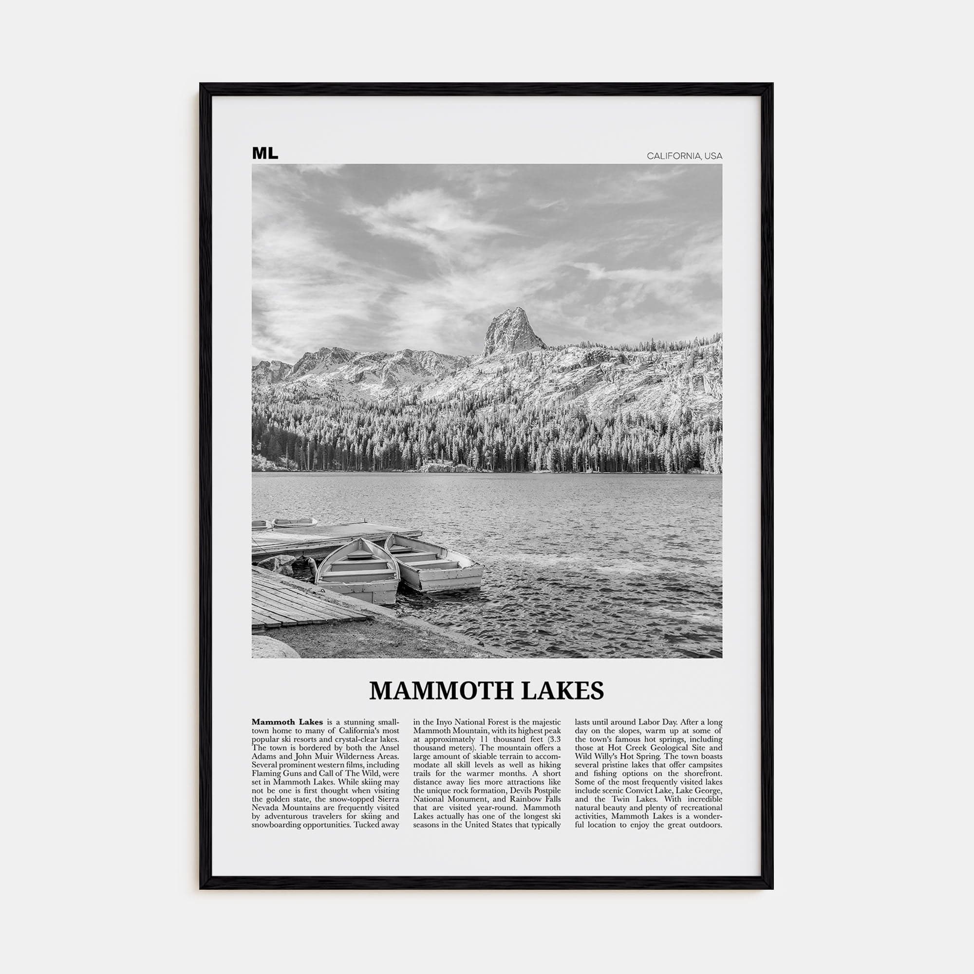 Mammoth Lakes Poster Black Wood / 8x12 in Nbourhood Travel B&W Poster