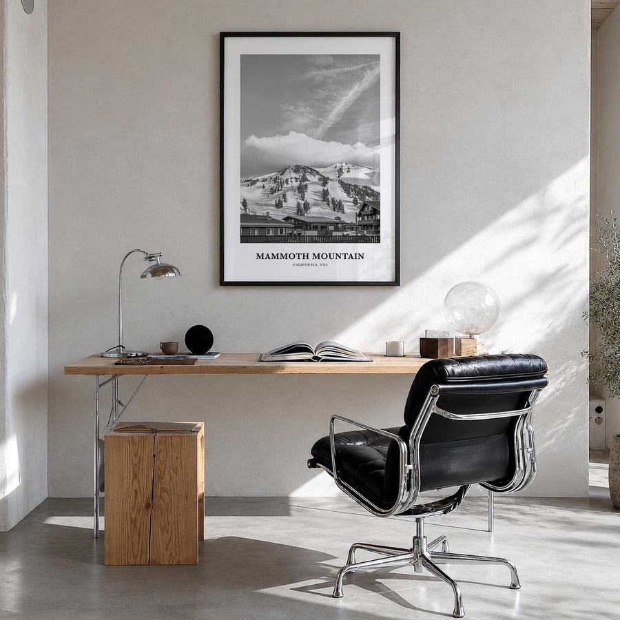 Mammoth Mountain black & white classic poster of California, USA – vertical wall art in black wood frame, hanging on wall