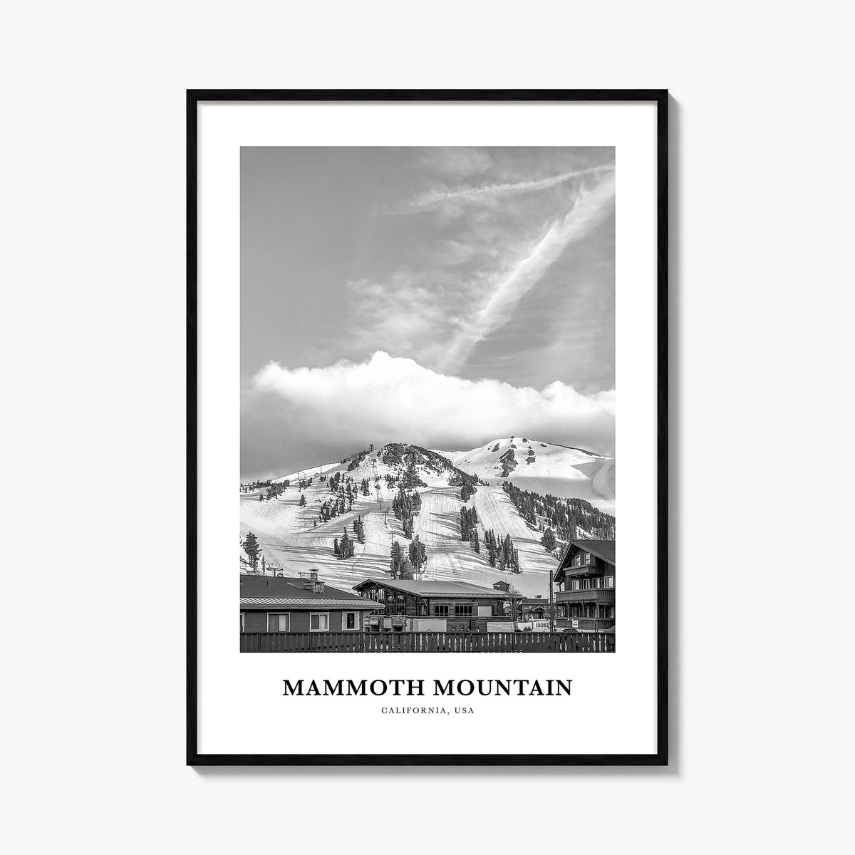 Mammoth Mountain black & white classic poster of California, USA – vertical wall art, unframed print shown in interior mockup