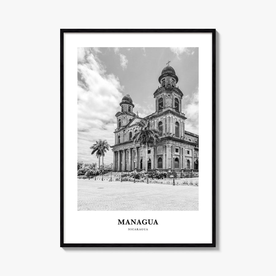 Managua black & white classic poster of Nicaragua – vertical wall art, unframed print shown in interior mockup