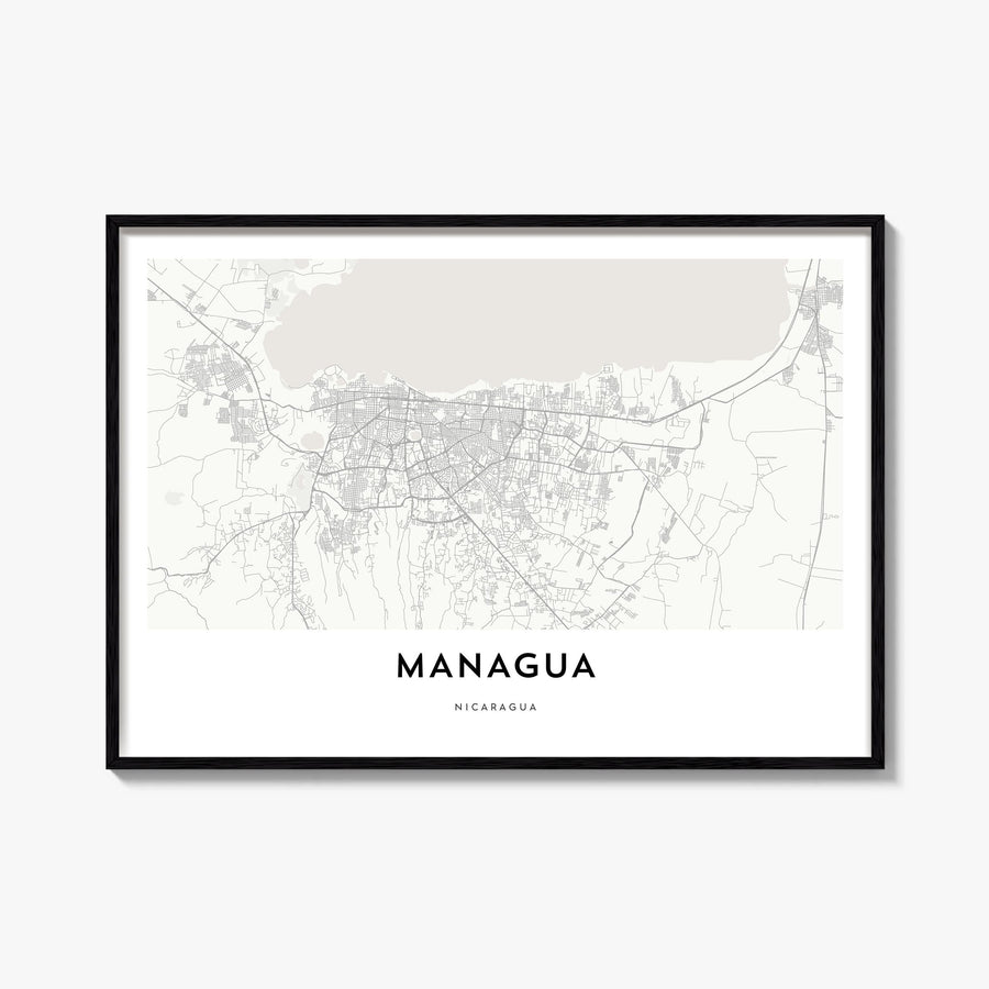 Managua black & white map poster of Nicaragua – horizontal wall art, unframed print shown in interior mockup