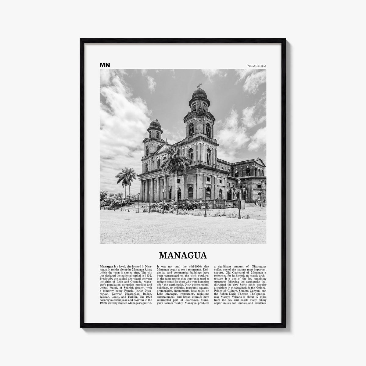 Managua black & white newspaper poster of Nicaragua – vertical wall art, unframed print shown in interior mockup