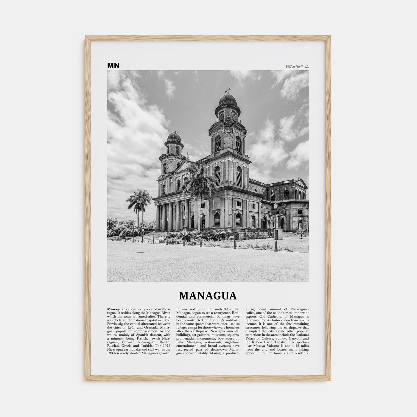 Managua Poster Natural Wood / 8x12 in Nbourhood Travel B&W Poster