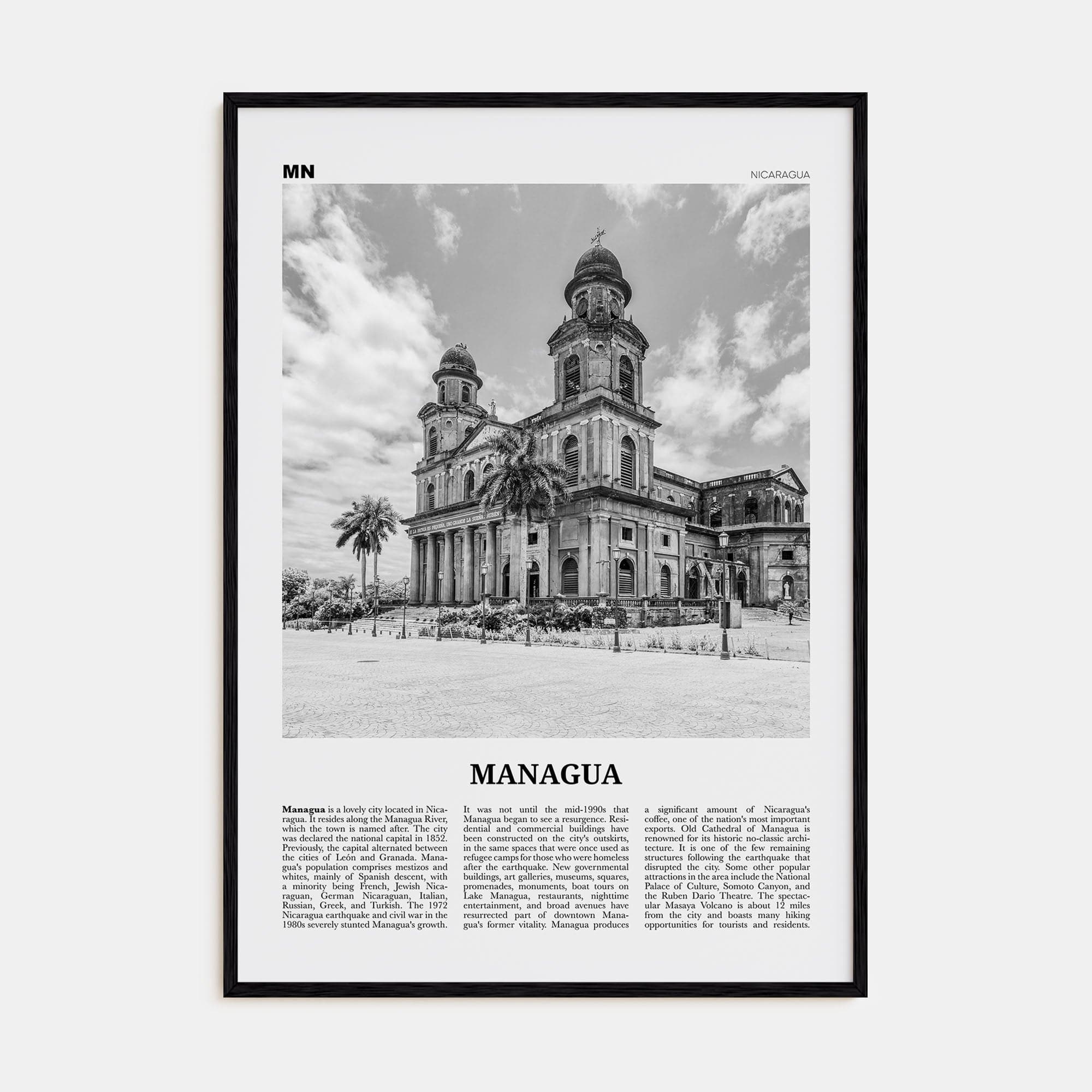 Managua Poster Black Wood / 8x12 in Nbourhood Travel B&W Poster