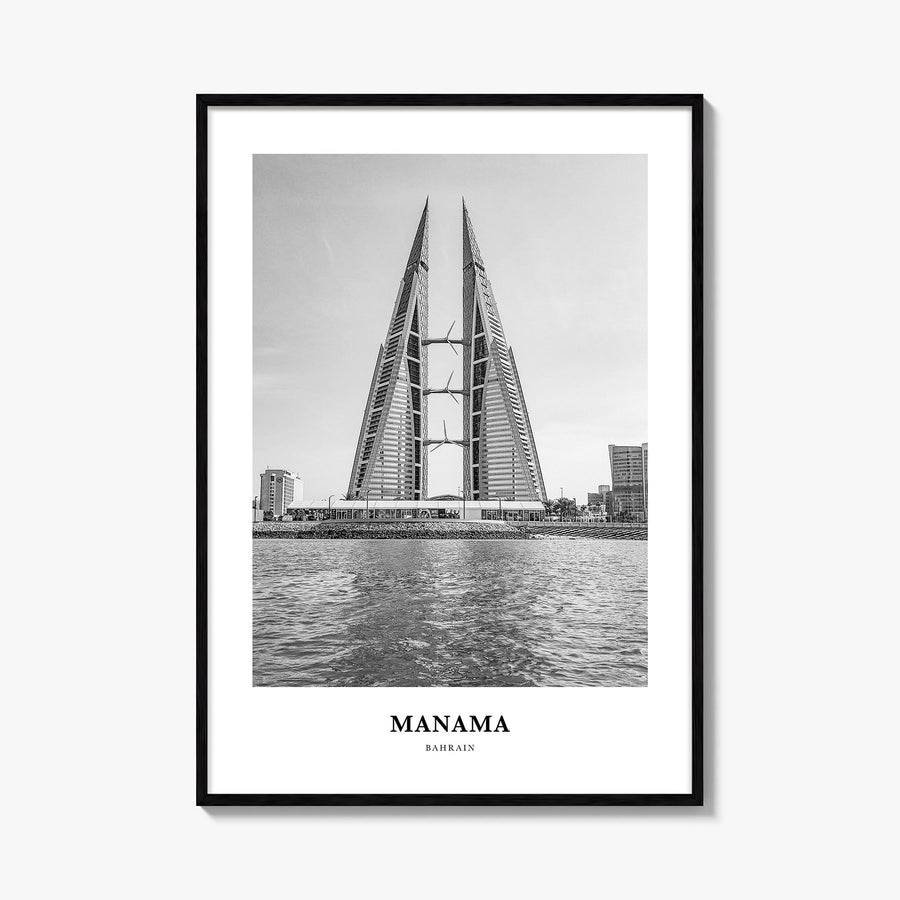 Manama black & white classic poster of Bahrain – vertical wall art, unframed print shown in interior mockup