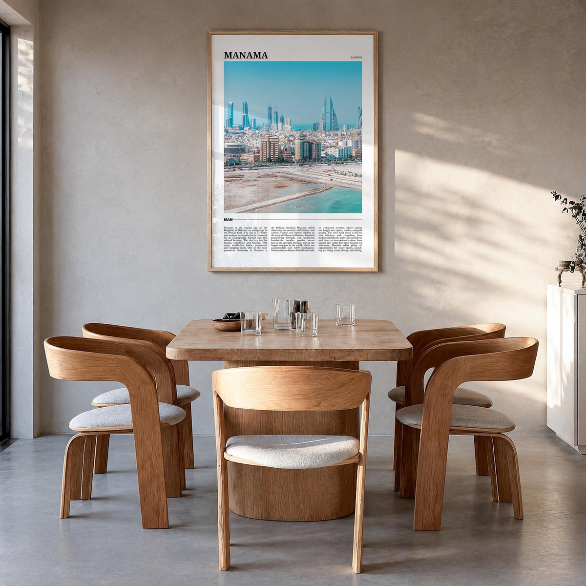 Manama colorful travel poster of Bahrain – vertical wall art in natural wood frame, hanging on wall