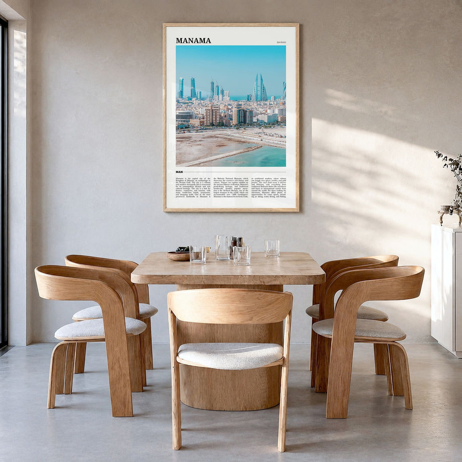 Manama Travel Poster in a natural wood frame, hanging in a dining room