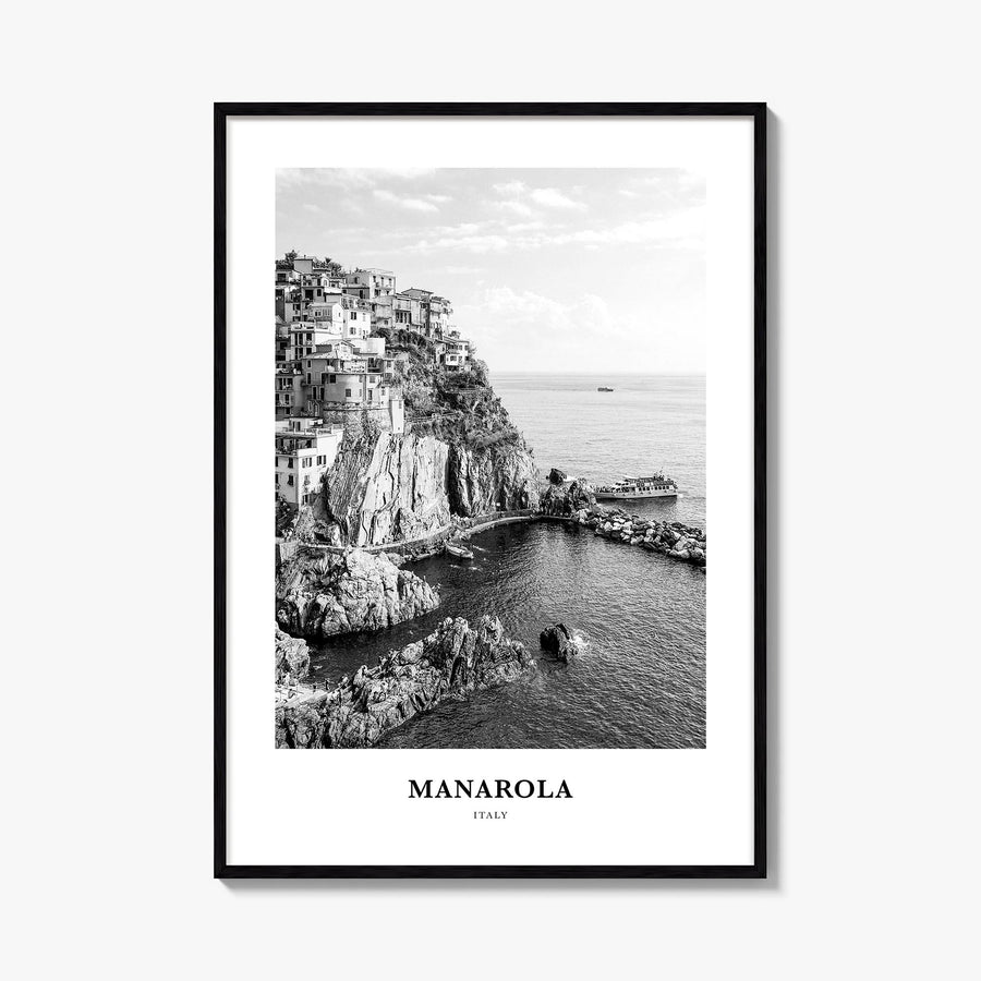 Manarola black & white classic poster of Italy – vertical wall art, unframed print shown in interior mockup