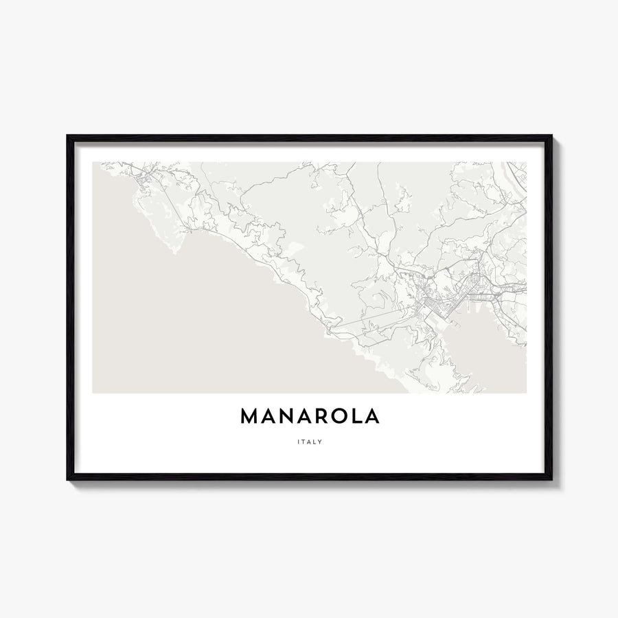 Manarola black & white map poster of Italy – horizontal wall art, unframed print shown in interior mockup