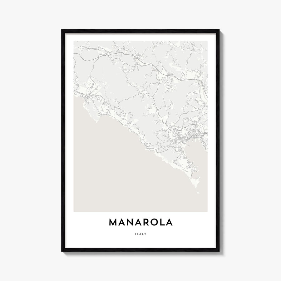 Manarola black & white map poster of Italy – vertical wall art, unframed print shown in interior mockup