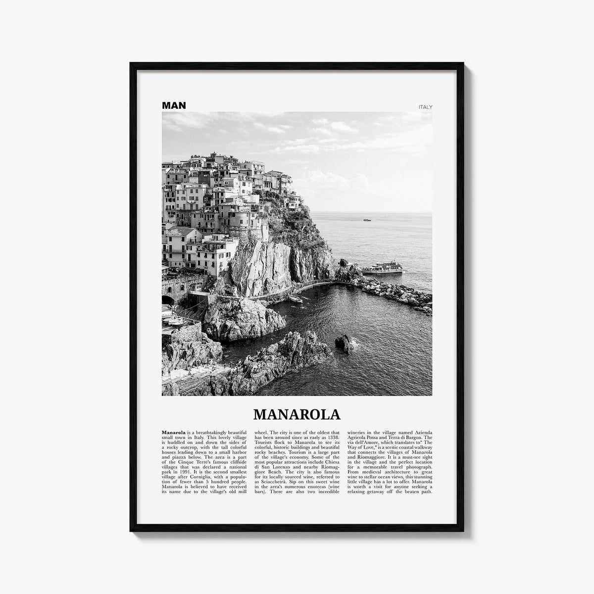Manarola black & white newspaper poster of Italy – vertical wall art, unframed print shown in interior mockup