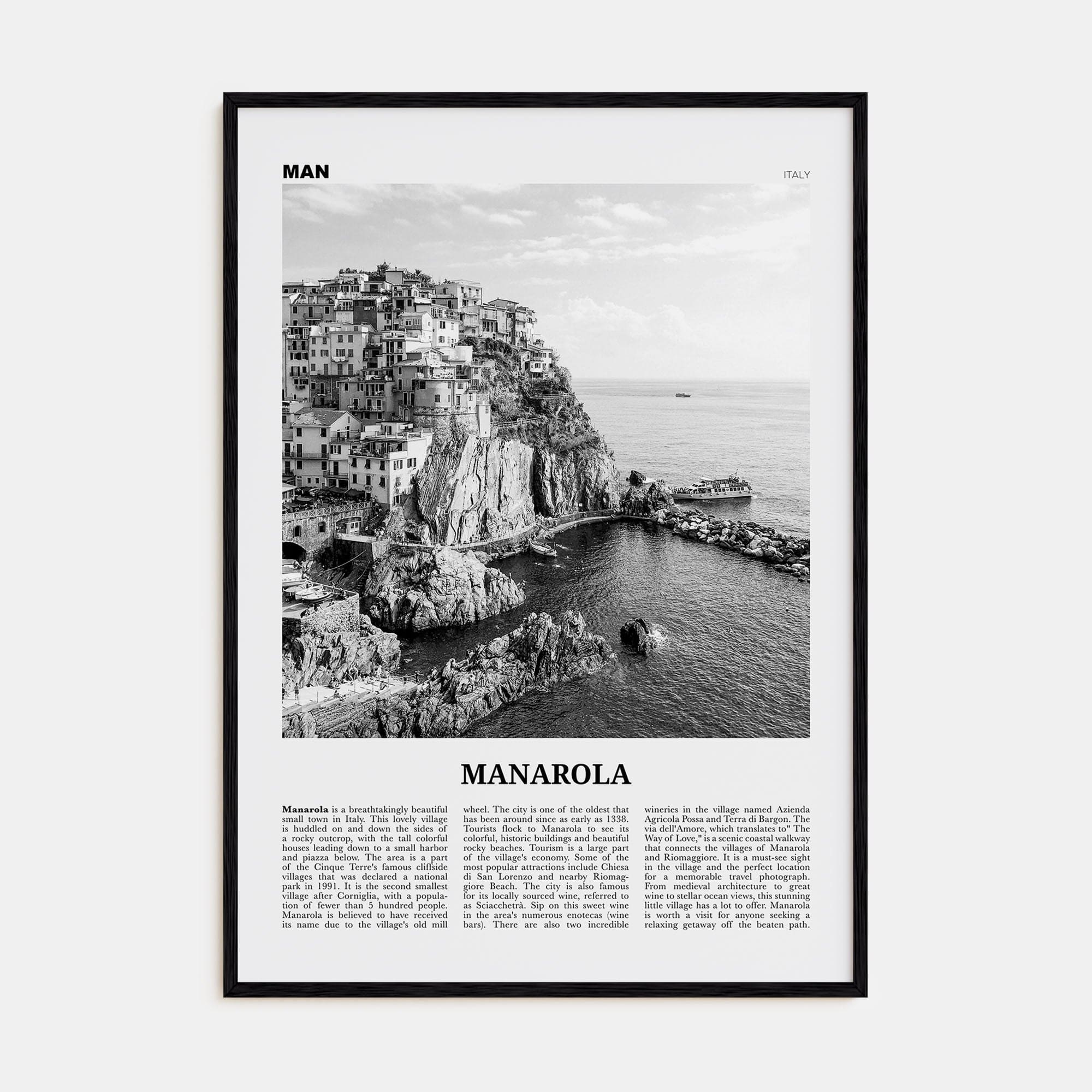 Manarola Poster Black Wood / 8x12 in Nbourhood Travel B&W Poster