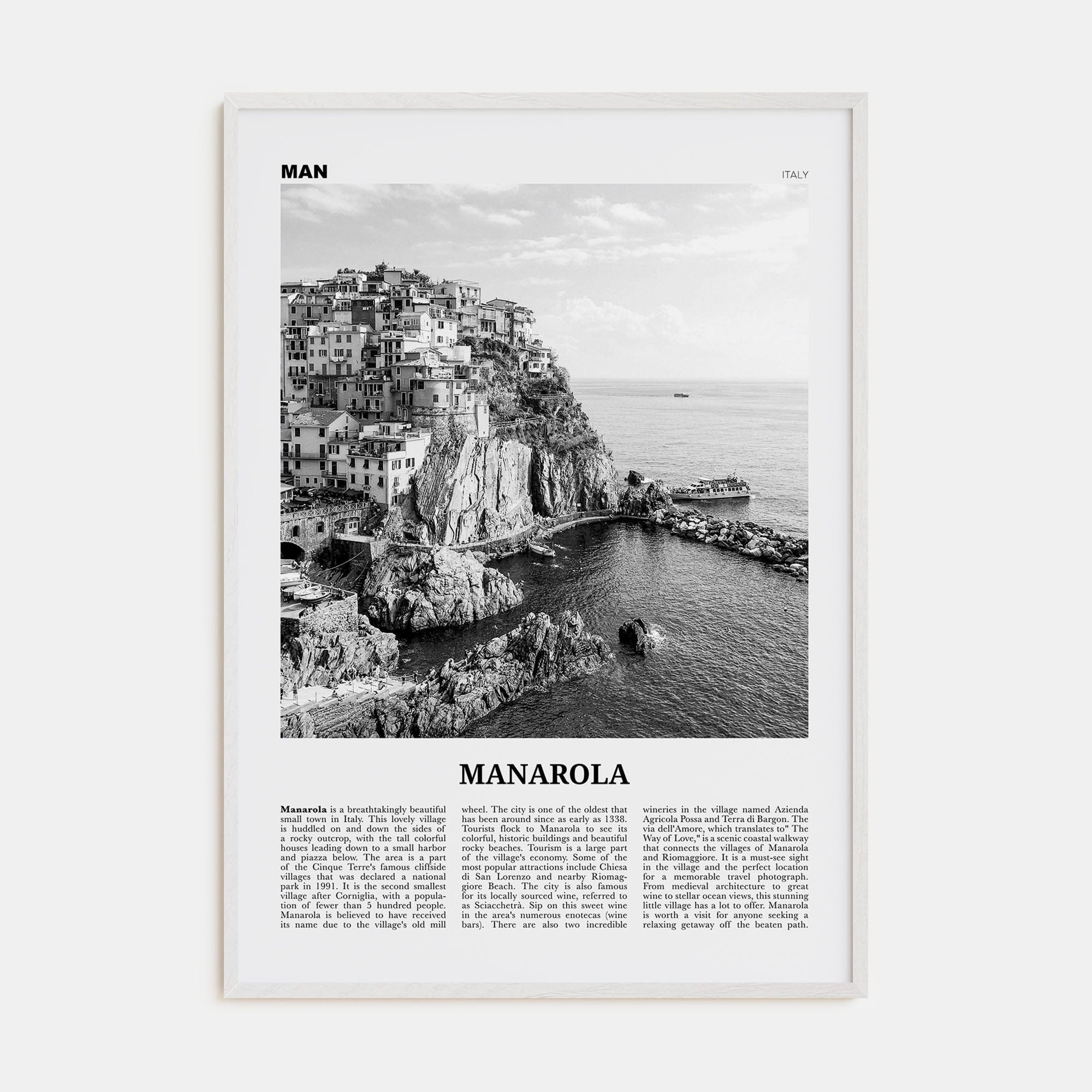 Manarola Poster White Wood / 8x12 in Nbourhood Travel B&W Poster