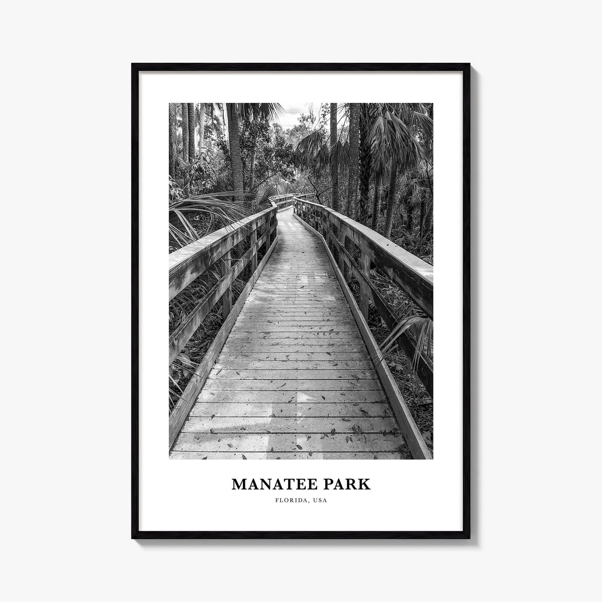 Manatee Park black & white classic poster of Florida, USA – vertical wall art, unframed print shown in interior mockup