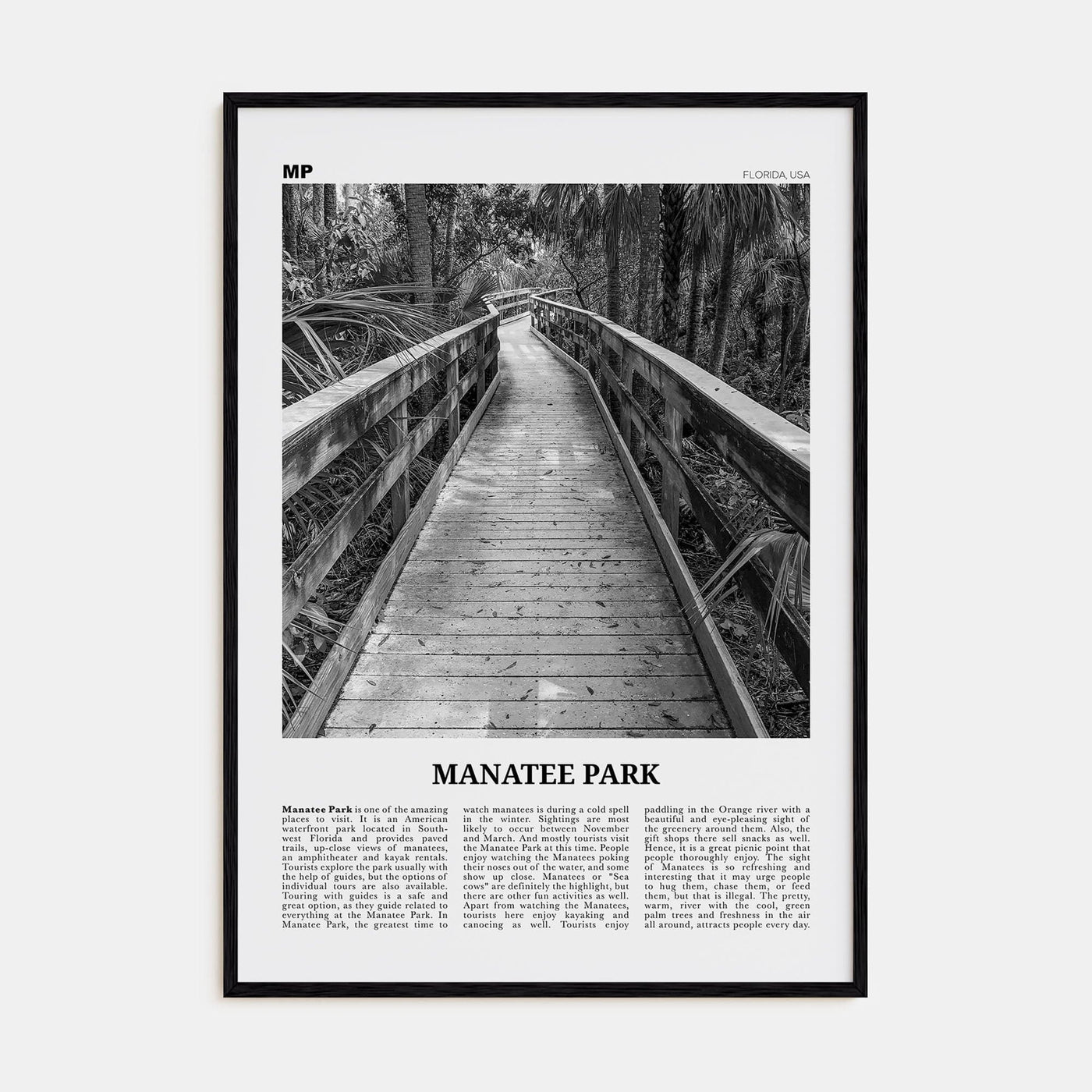 Manatee Park Poster Black Wood / 8x12 in Nbourhood Travel B&W Poster