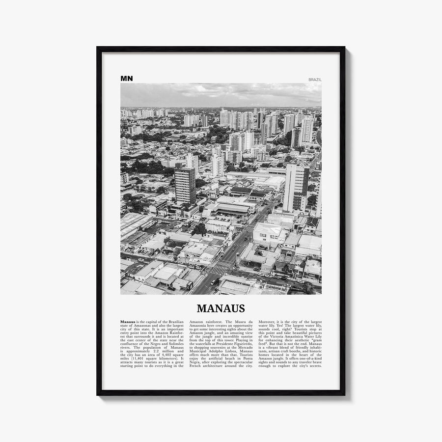 Manaus black & white newspaper poster of Brazil – vertical wall art, unframed print shown in interior mockup