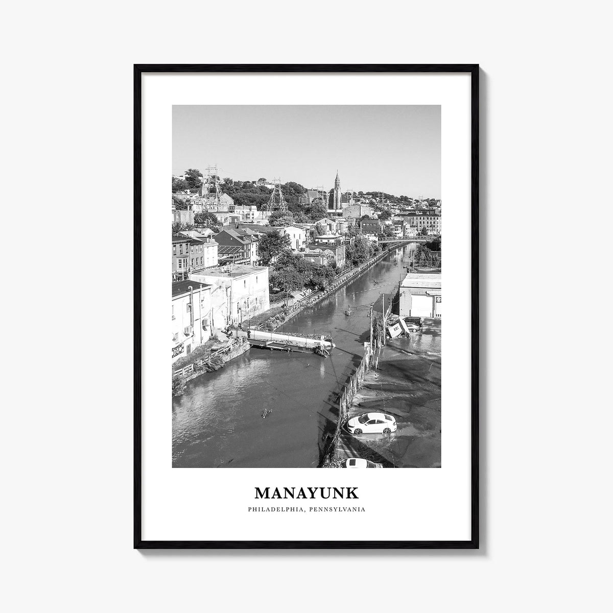 Manayunk black & white classic poster of Philadelphia, Pennsylvania – vertical wall art, unframed print shown in interior moc
