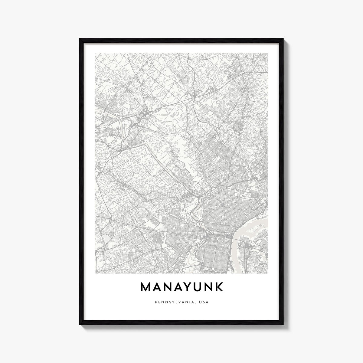 Manayunk black & white map poster of Philadelphia, Pennsylvania – vertical wall art, unframed print shown in interior mockup