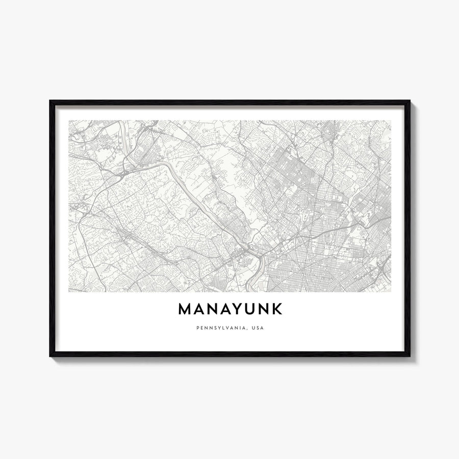 Manayunk black & white map poster of Philadelphia, Pennsylvania – horizontal wall art, unframed print shown in interior mocku