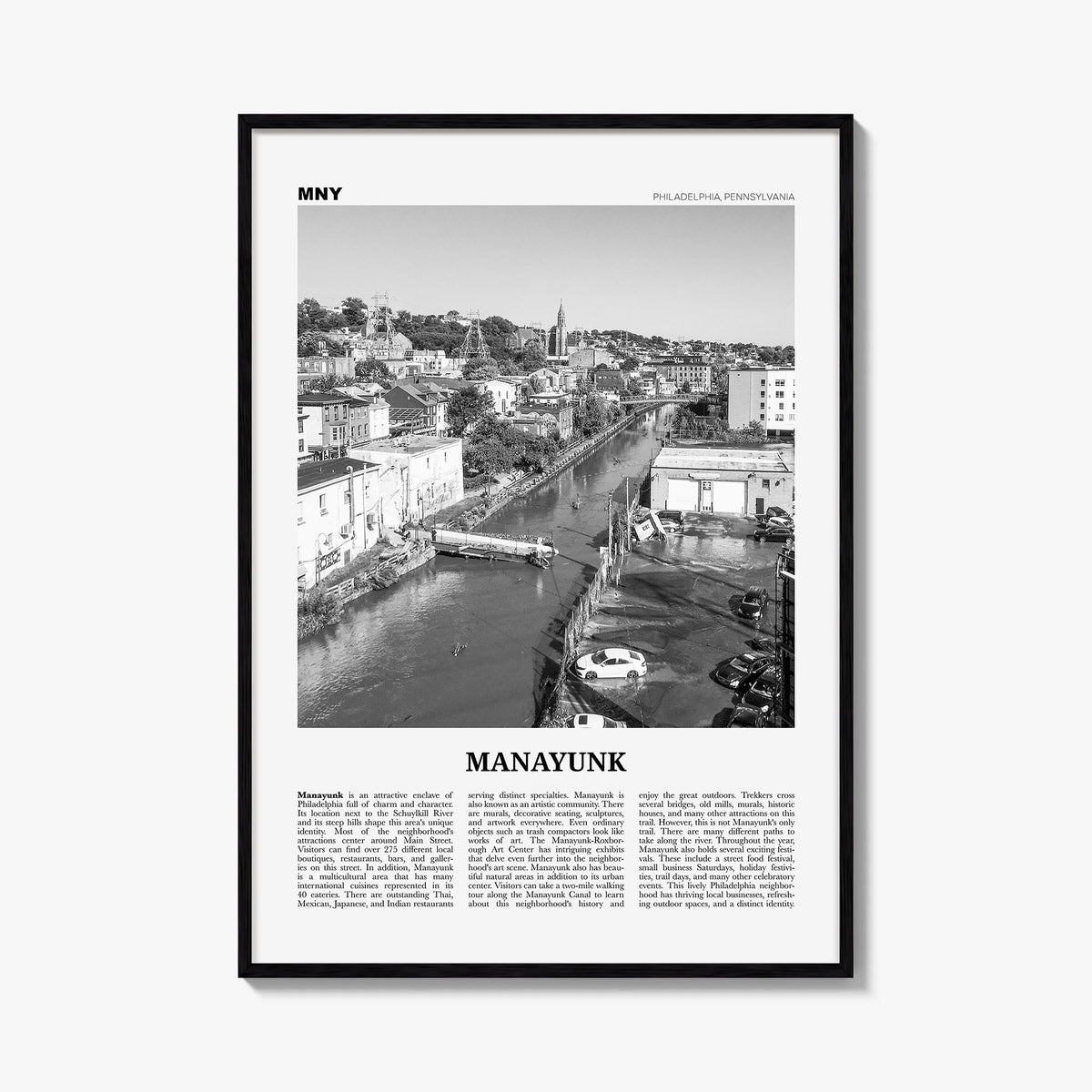 Manayunk black & white newspaper poster of Philadelphia, Pennsylvania – vertical wall art, unframed print shown in interior m