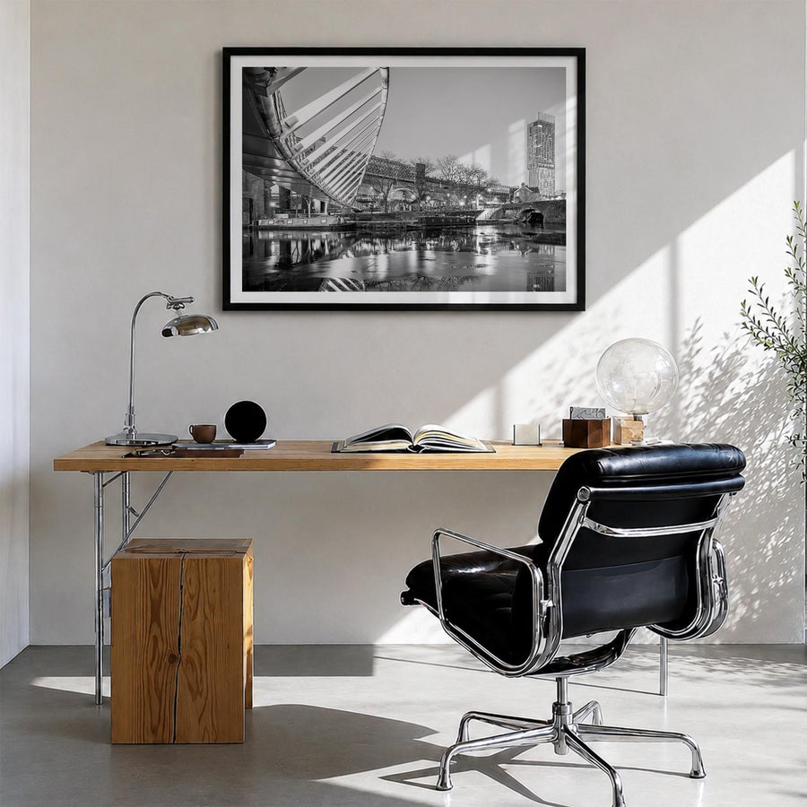 Manchester, England black & white photo poster of United Kingdom – horizontal wall art in black wood frame with white border,