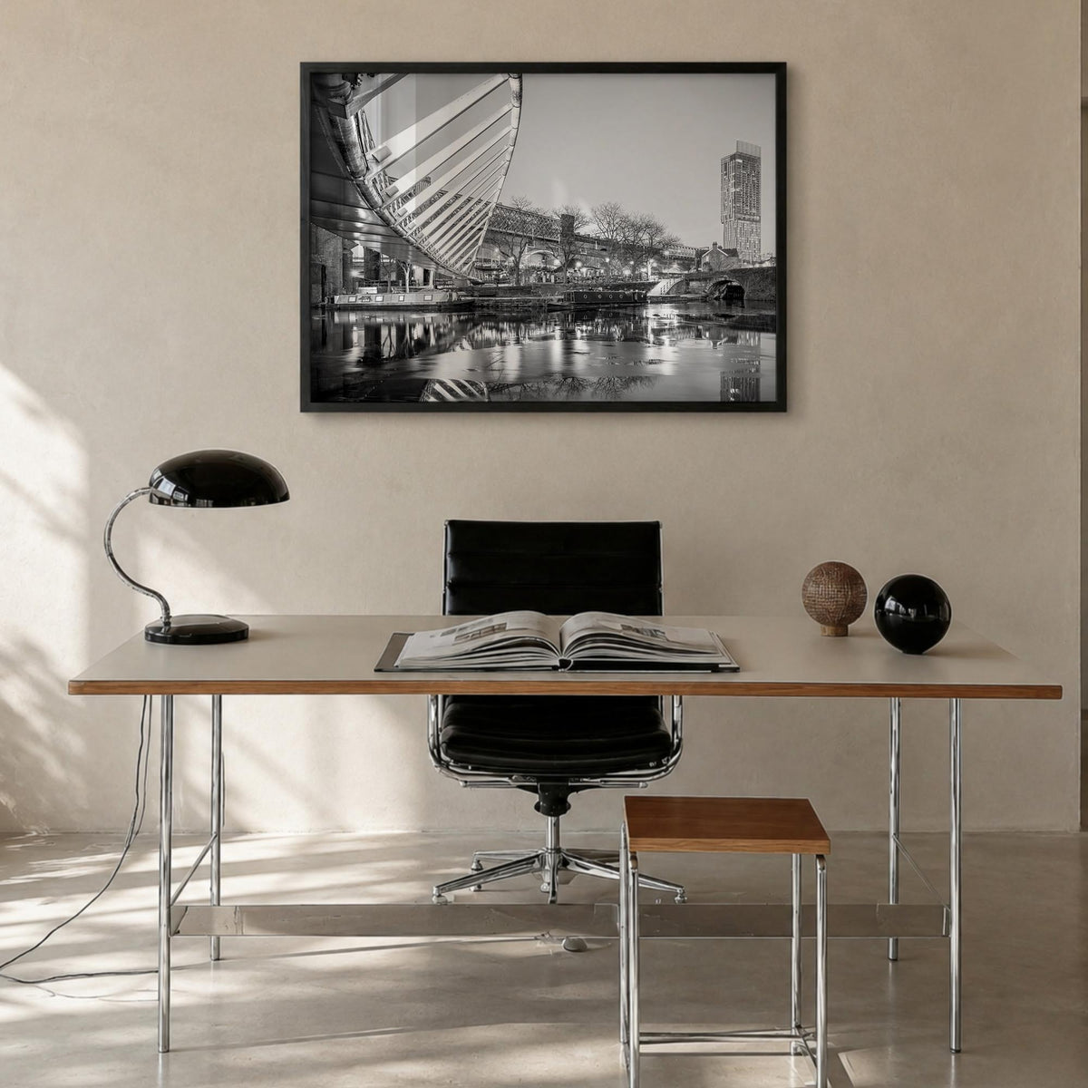 Manchester, England black & white photo poster of United Kingdom – horizontal wall art in black wood frame, hanging on wall