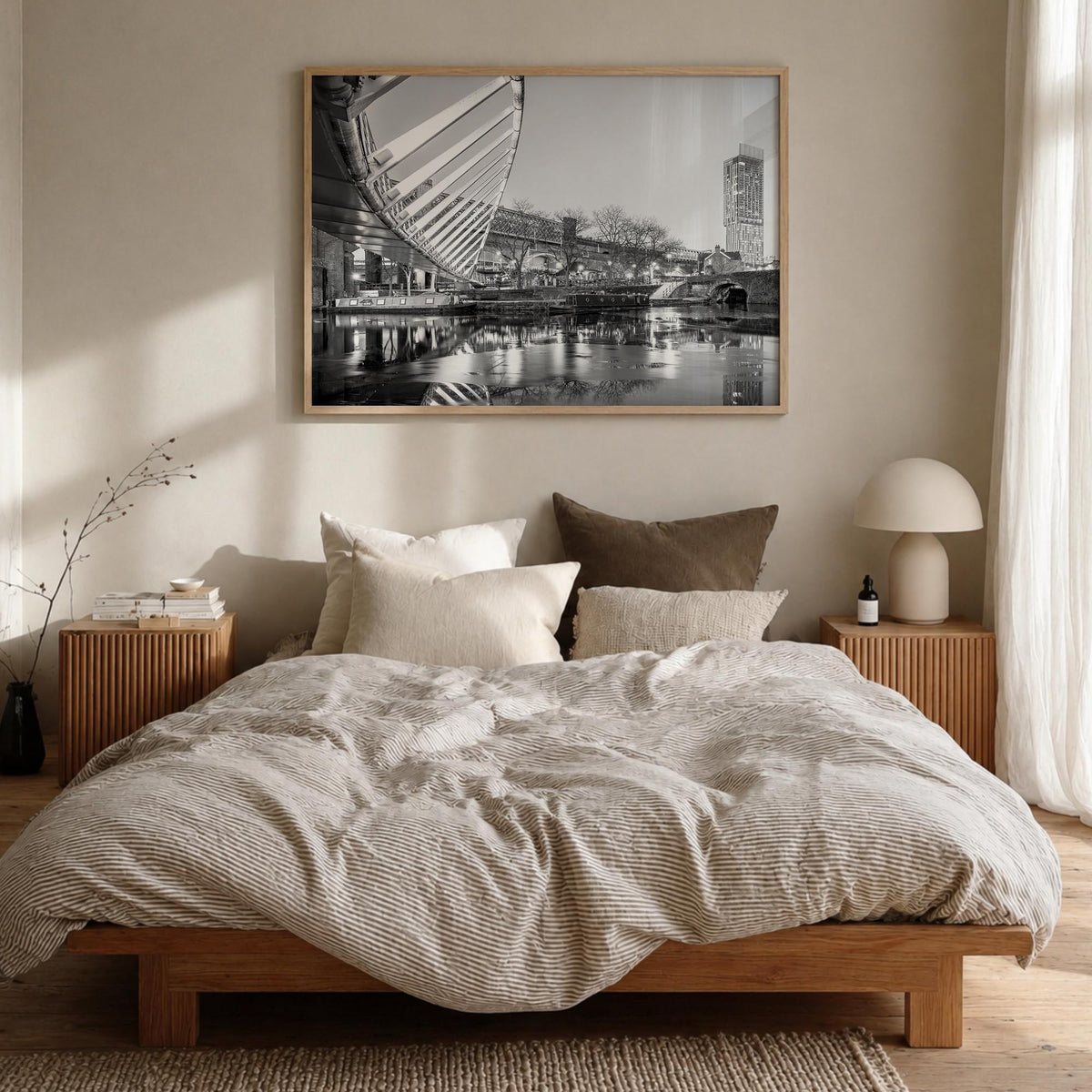 Manchester, England black & white photo poster of United Kingdom – horizontal wall art in natural wood frame, hanging on wall