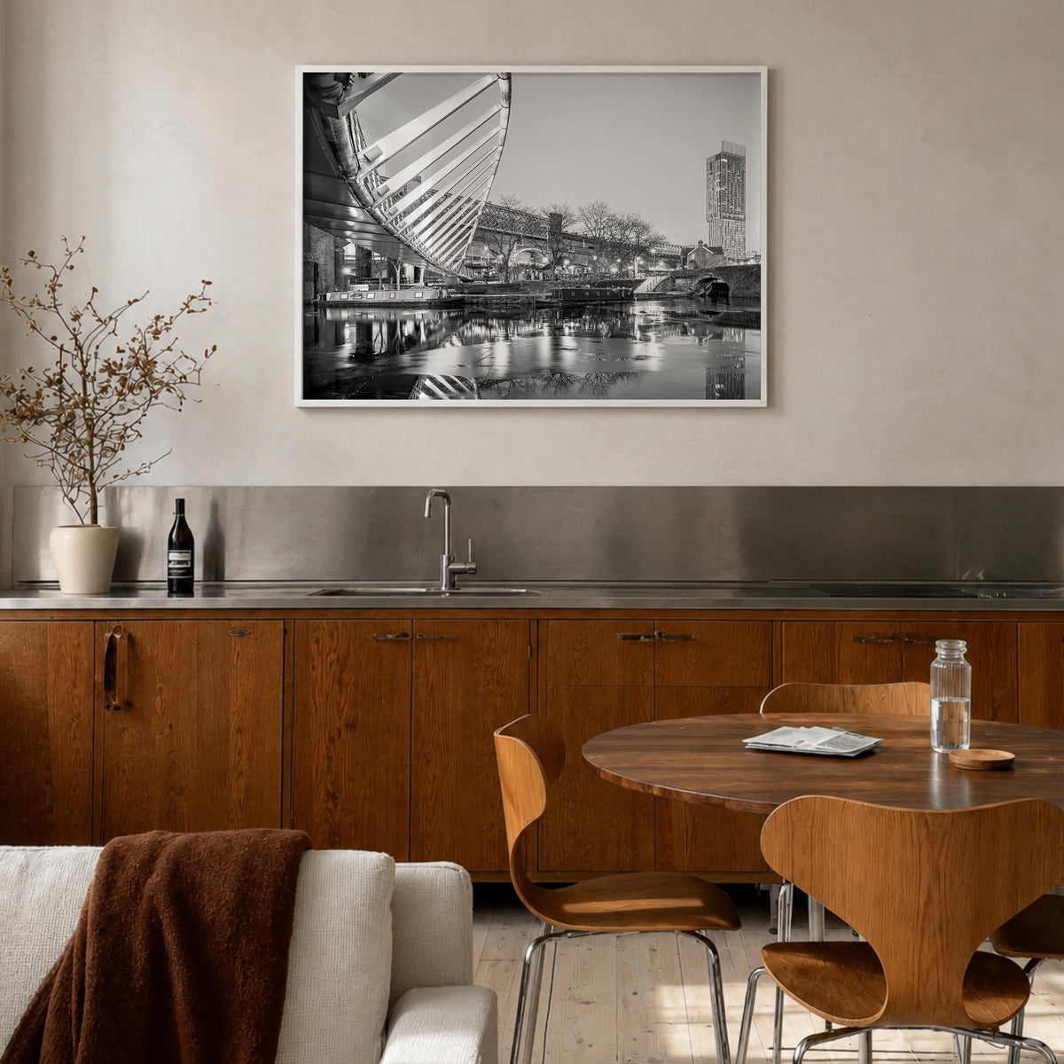 Manchester, England black & white photo poster of United Kingdom – horizontal wall art in white wood frame, hanging on wall