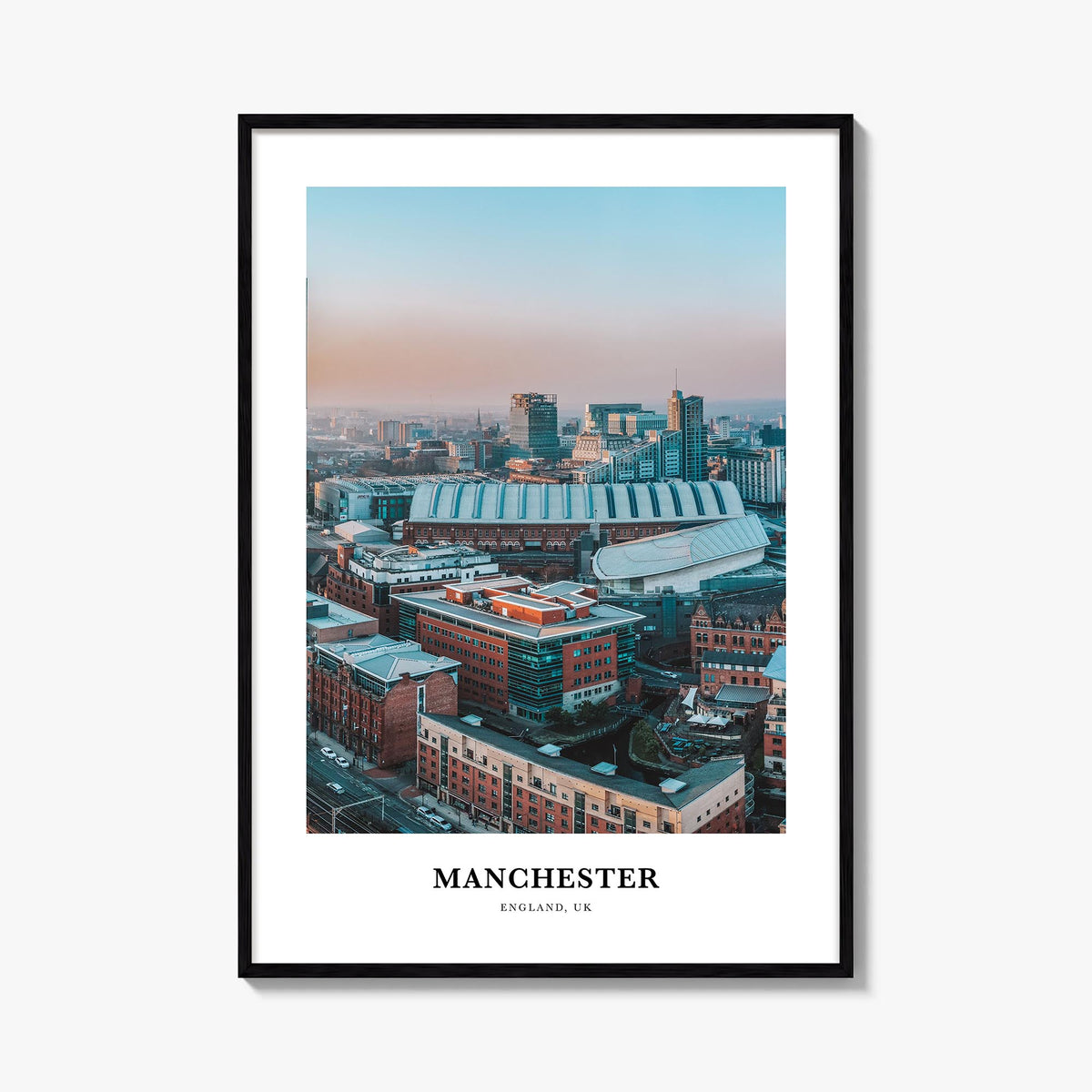 Manchester, England colorful classic poster of United Kingdom – vertical wall art, unframed print shown in interior mockup