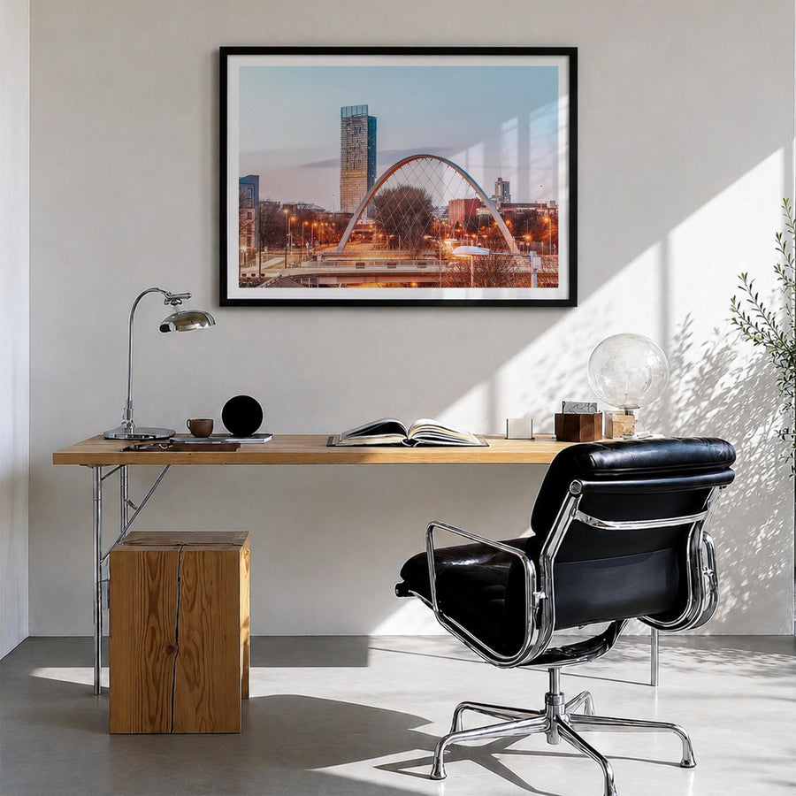Manchester, England colorful photo poster of United Kingdom – horizontal wall art in black wood frame with white border, hang