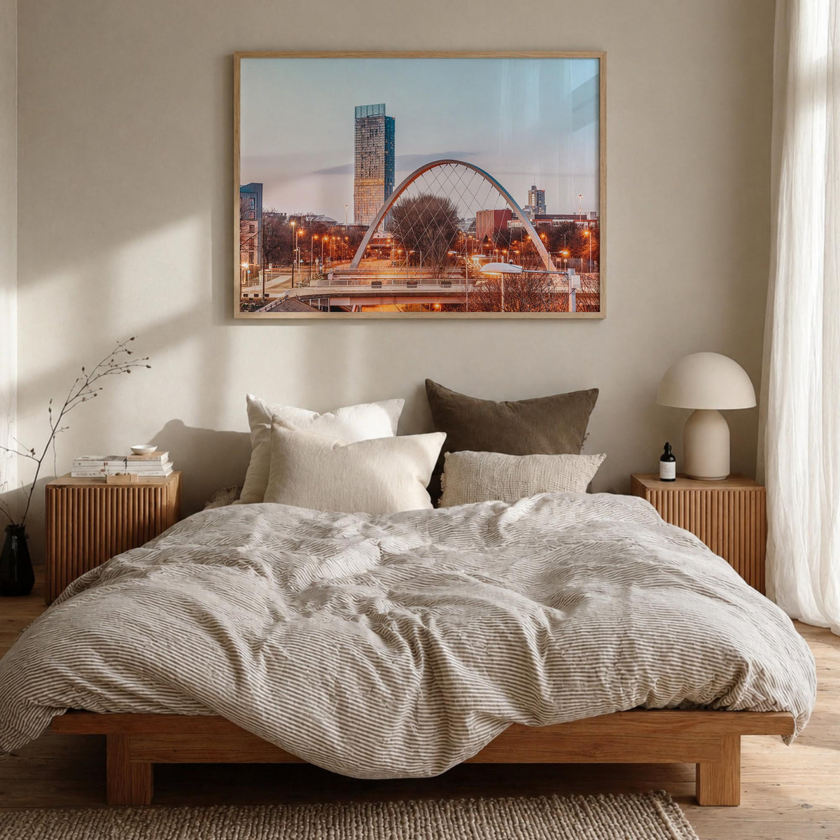 Manchester, England colorful photo poster of United Kingdom – horizontal wall art in natural wood frame, hanging on wall