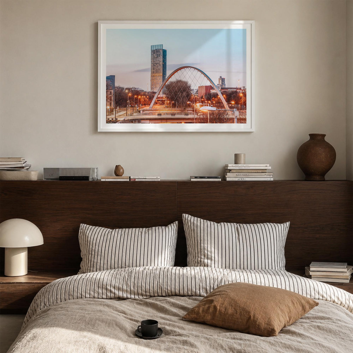 Manchester, England colorful photo poster of United Kingdom – horizontal wall art in white wood frame with white border, hang