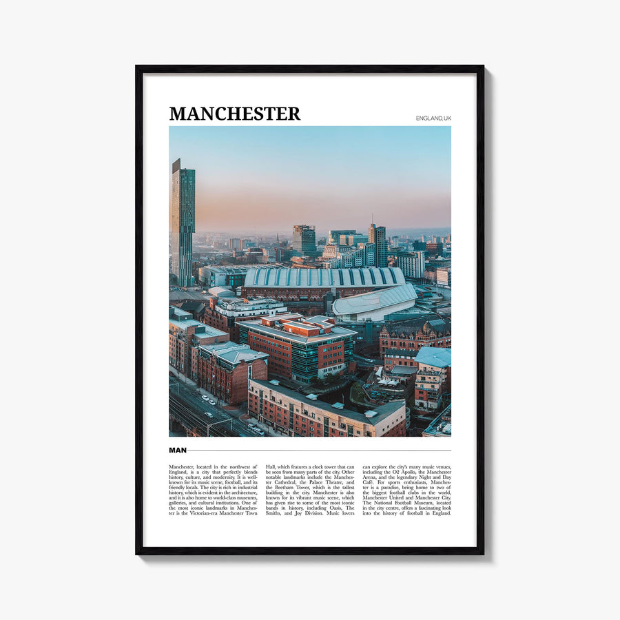 Manchester, England colorful travel poster of United Kingdom – vertical wall art, unframed print shown in interior mockup