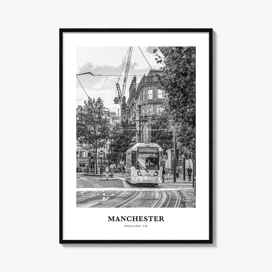 Manchester, England no. 1 black & white classic poster of United Kingdom – vertical wall art, unframed print shown in interio
