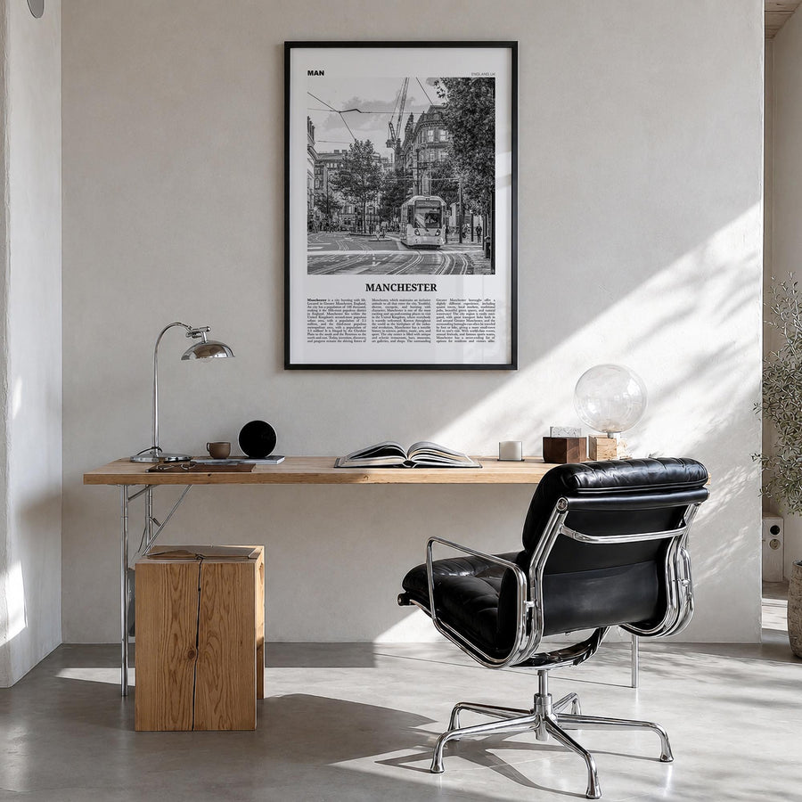 Manchester, England no. 1 black & white newspaper poster of United Kingdom – vertical wall art in black wood frame, hanging o