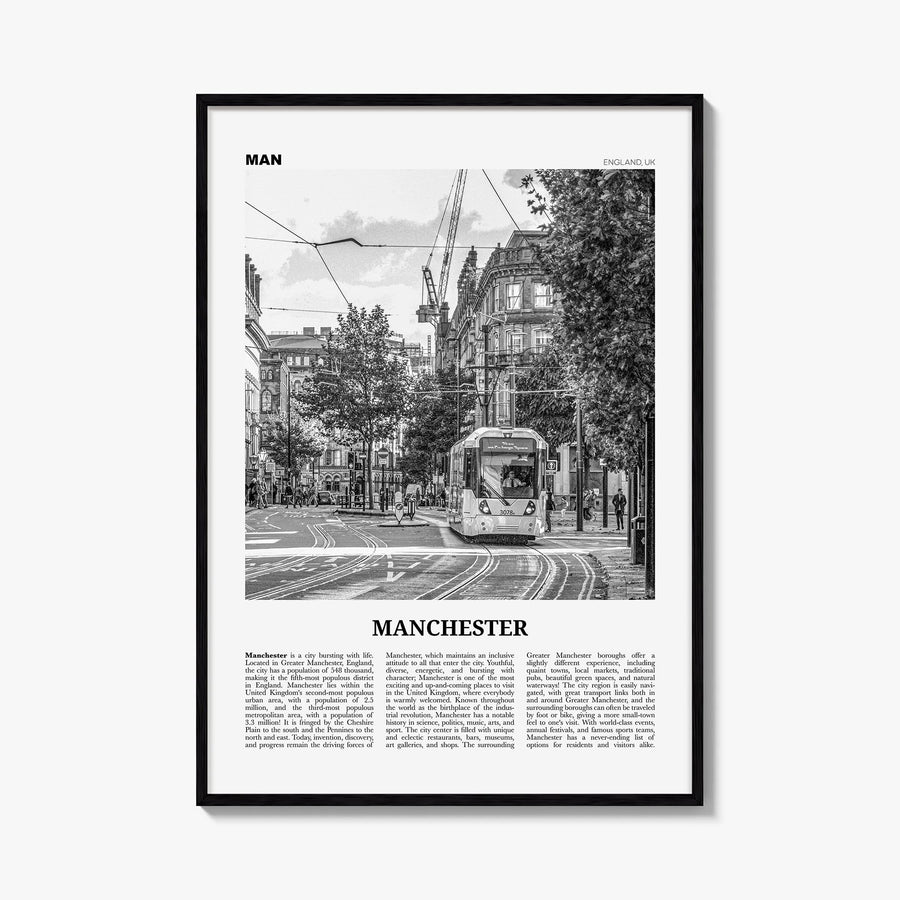 Manchester, England no. 1 black & white newspaper poster of United Kingdom – vertical wall art, unframed print shown in inter