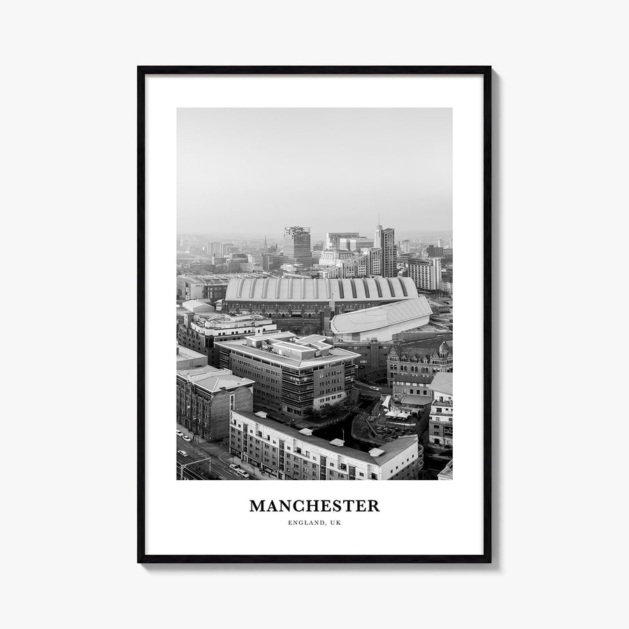 Manchester, England no. 2 black & white classic poster of United Kingdom – vertical wall art, unframed print shown in interio