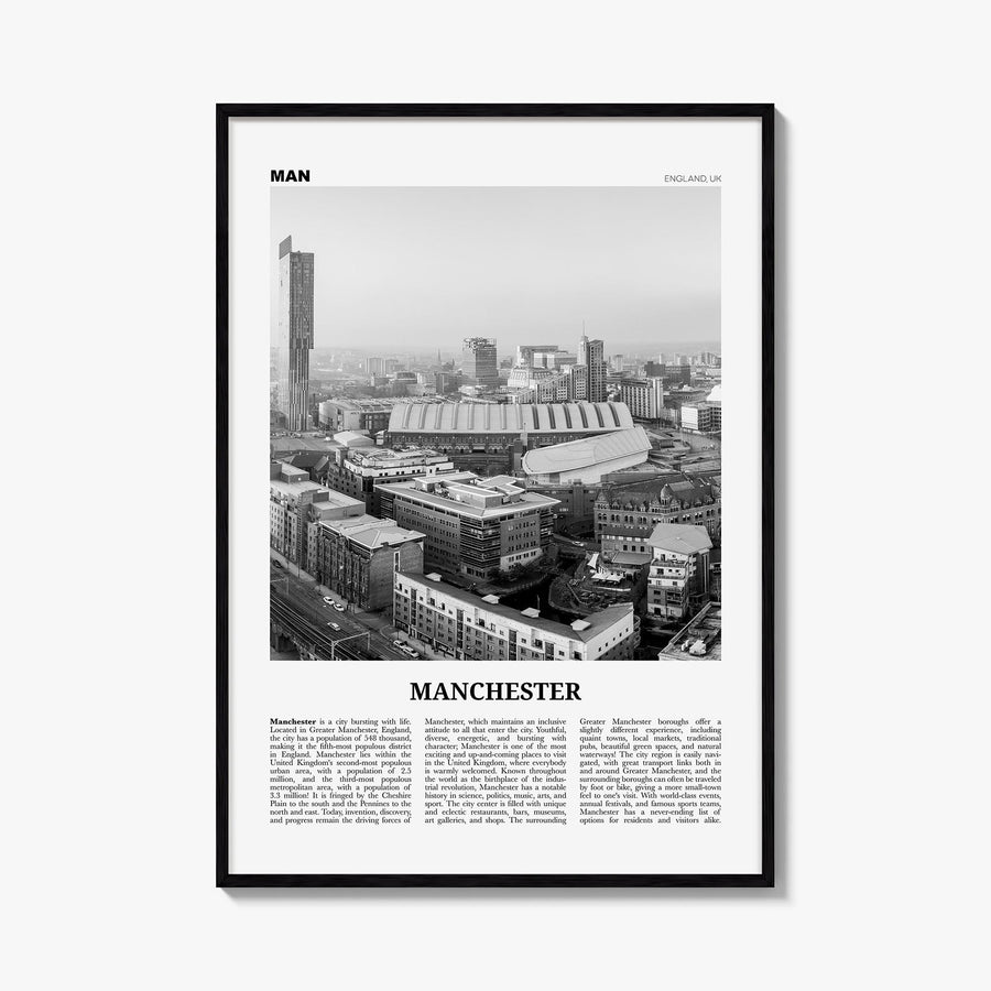 Manchester, England no. 2 black & white newspaper poster of United Kingdom – vertical wall art, unframed print shown in inter