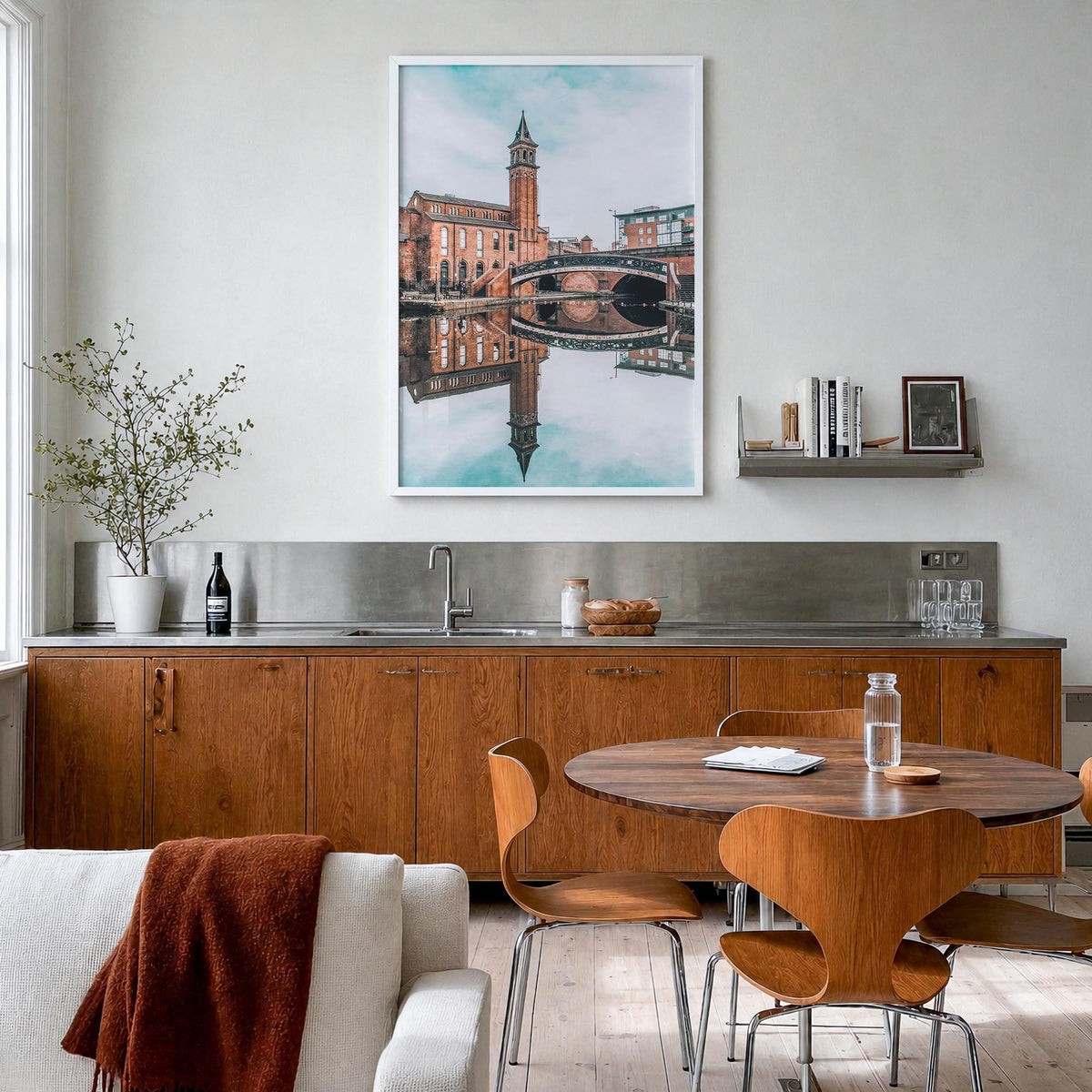 Manchester, England no. 2 colorful photo poster of United Kingdom – vertical wall art in white wood frame, hanging on wall