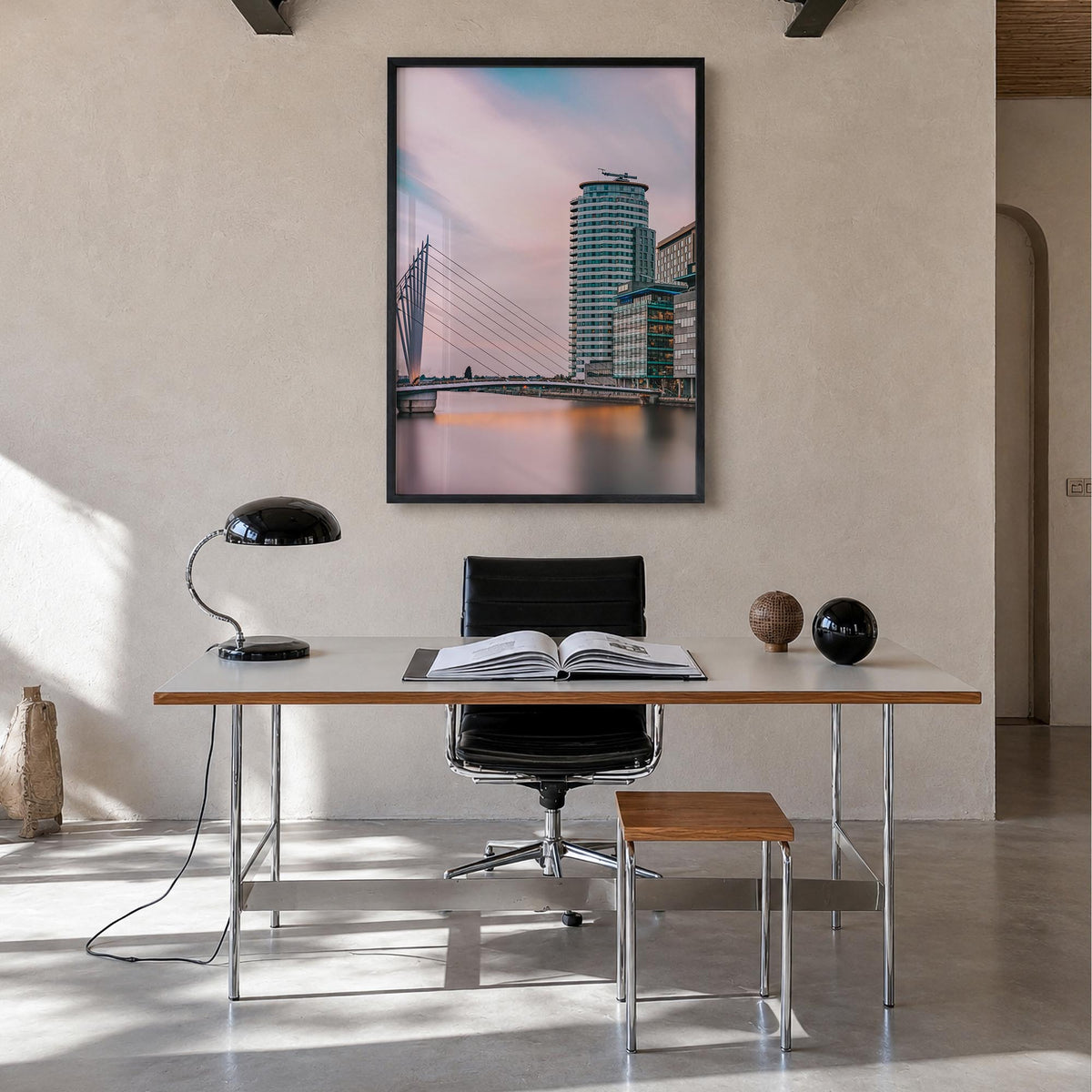 Manchester, England no. 3 colorful photo poster of United Kingdom – vertical wall art in black wood frame, hanging on wall
