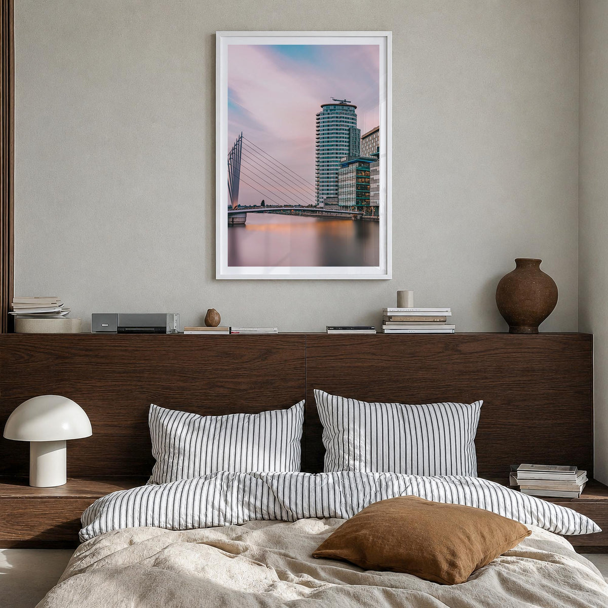 Manchester, England no. 3 colorful photo poster of United Kingdom – vertical wall art in white wood frame with white border, 