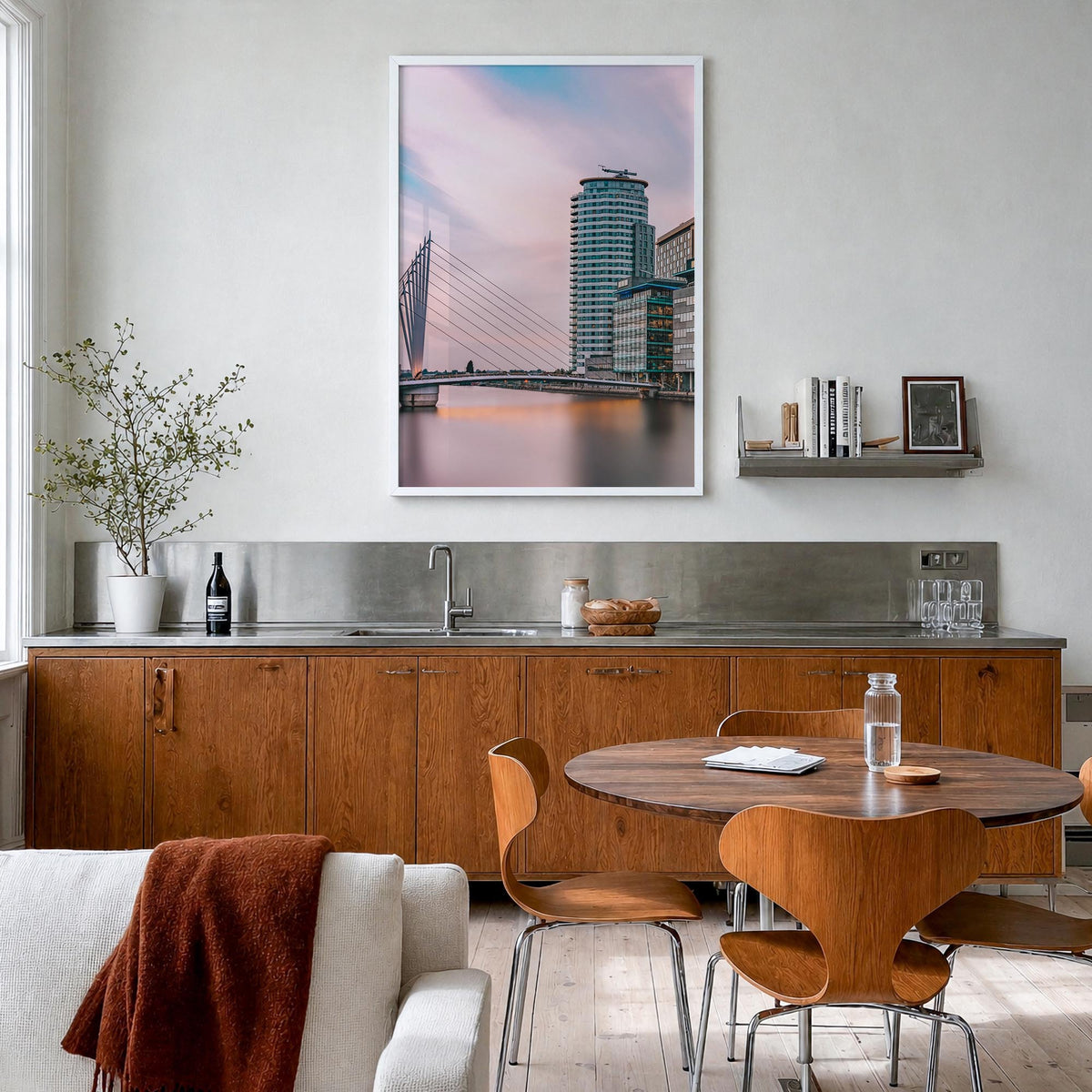 Manchester, England no. 3 colorful photo poster of United Kingdom – vertical wall art in white wood frame, hanging on wall