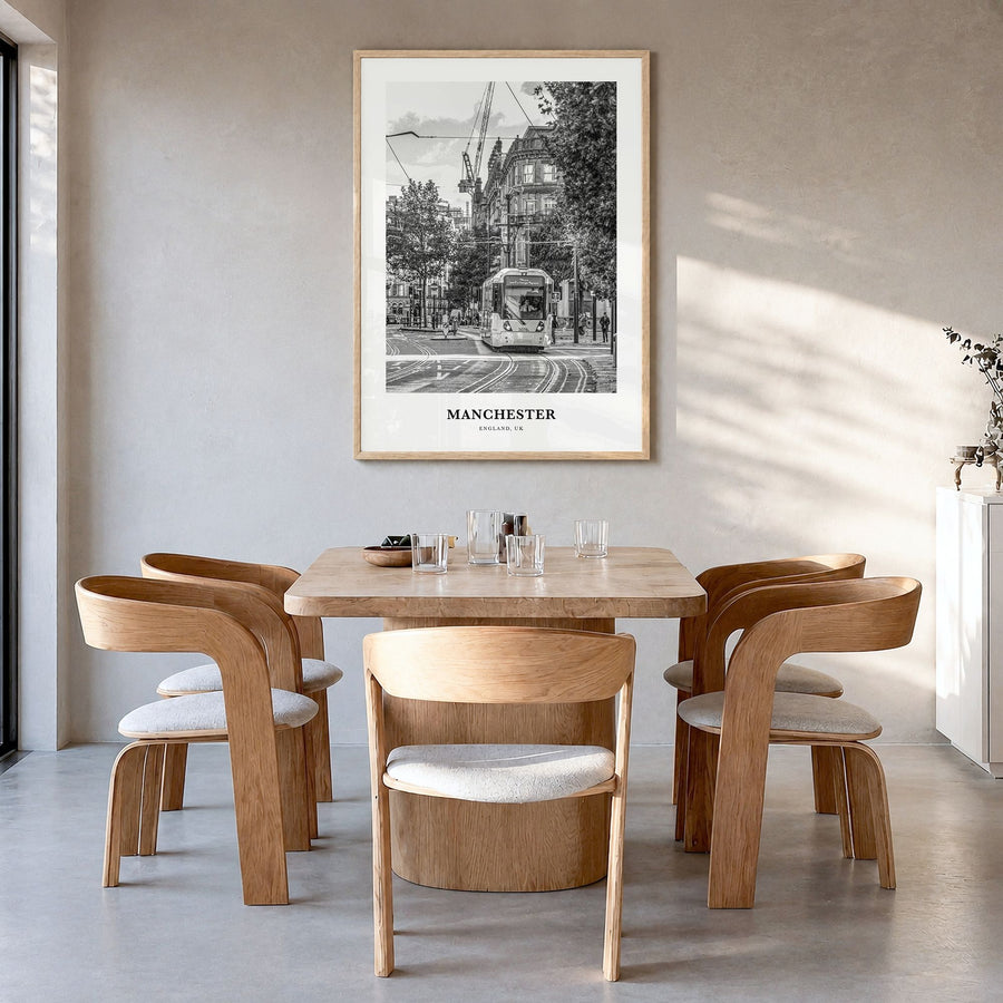Manchester, England Classic No 1 Poster in a natural wood frame, hanging in a dining room
